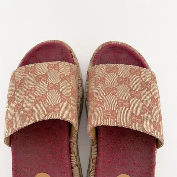 Gucci Angelina GG Platform Slides EU 38 US Women's 8 Tan Sandal Original Logo - Picture 9 of 12